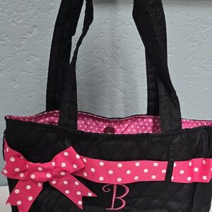 Chic Black Quilted Tote with Pink Polka Dots